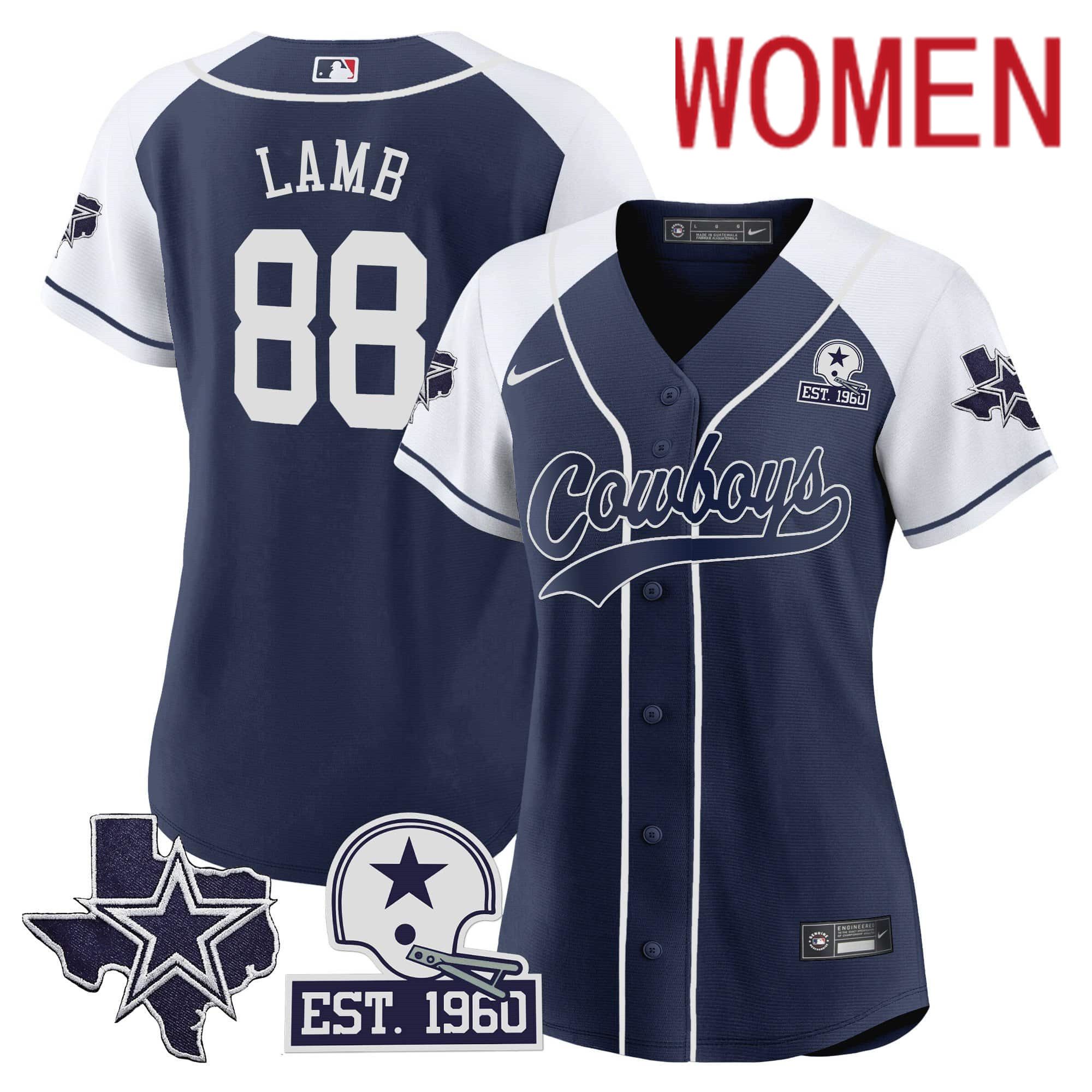 Women Dallas Cowboys 88 Lamb Dark blue 2024 Nike Patch Baseball NFL Jersey style 1